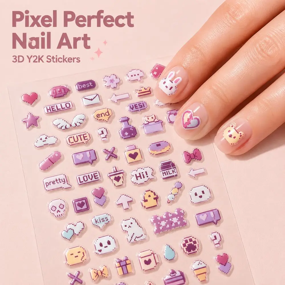 1Pc Y2K Aesthetic Embossed Nail Decals Sweet Cool Pixel Heart Bow Letter Cartoon Motif Stickers For Salon Home Nail Art Making