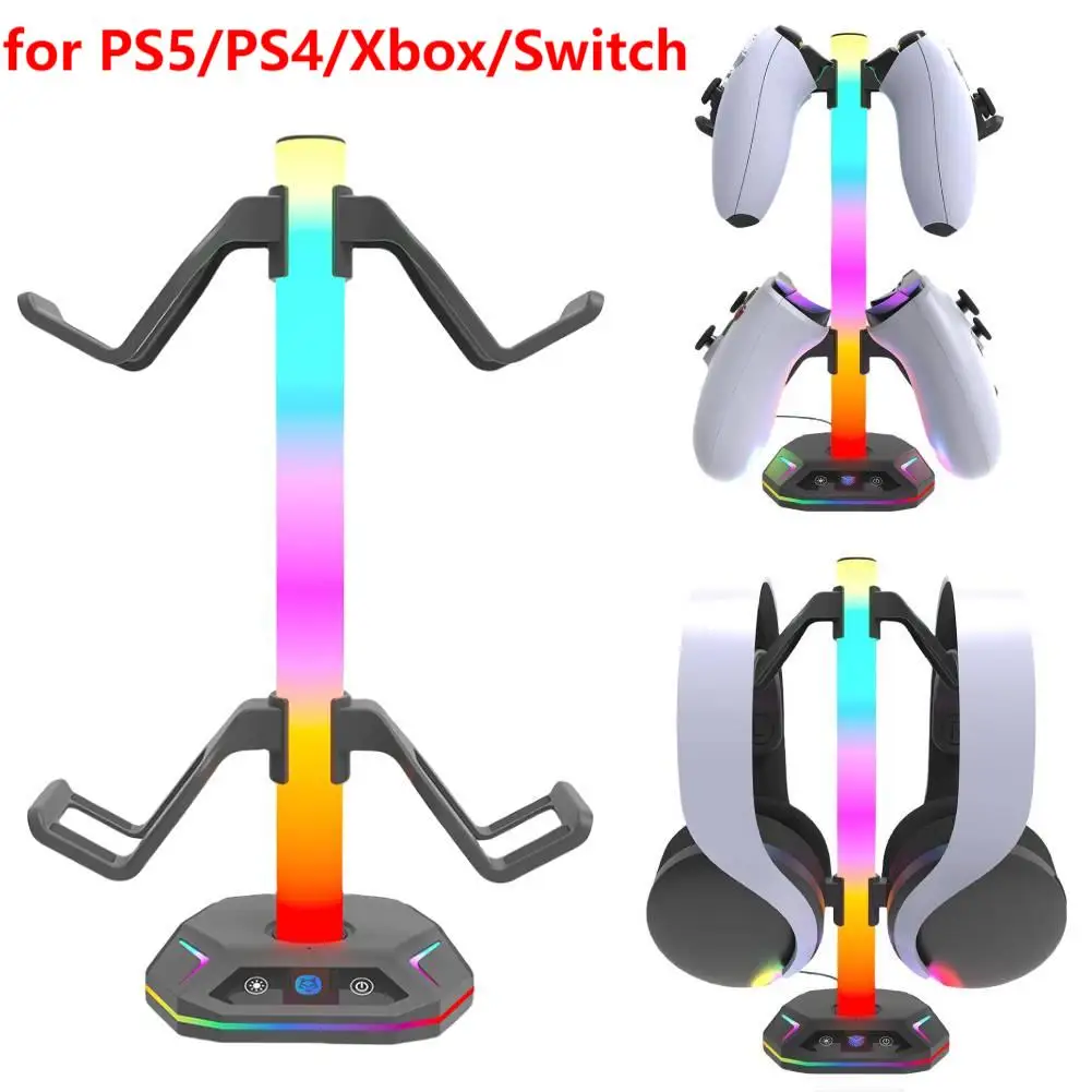 RGB Game Controller Stand for PS5/PS4/Xbox/Switch Pro Gamepad & Headset Holder with 9 Light Modes USB Charging Headphone Stand