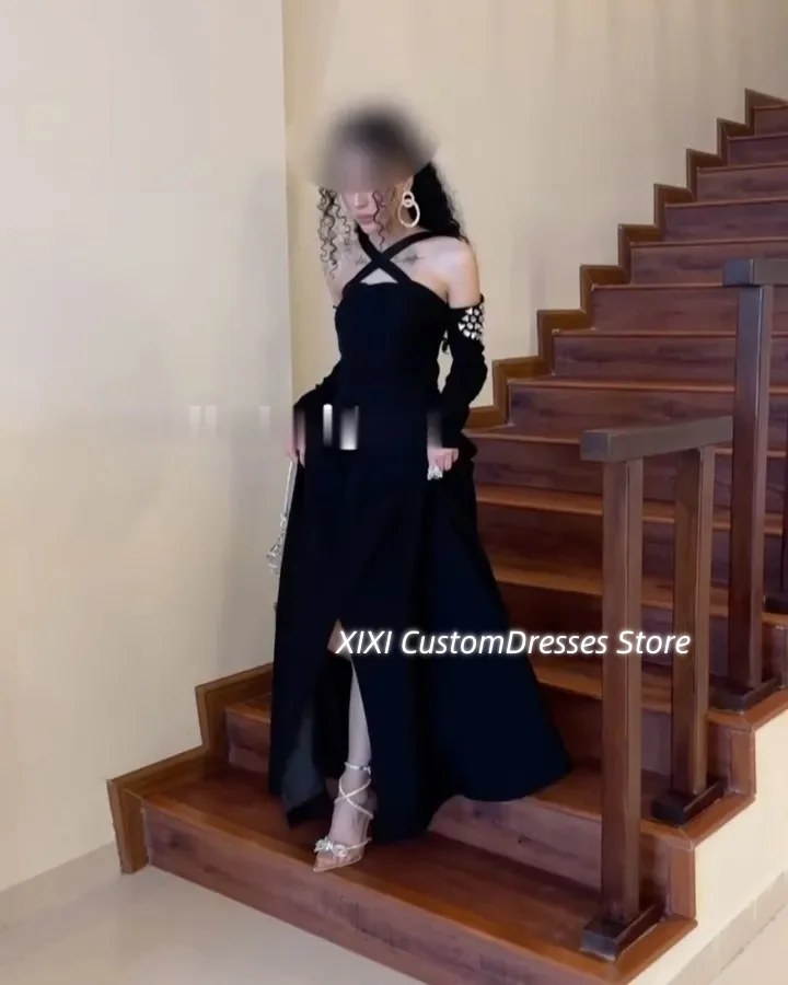 Gaun Pesta Elegan Panjang Lantai Halter Kustom untuk Wanita Manik-manik A-Line Ritsleting Lengan Panjang Pesta Pernikahan