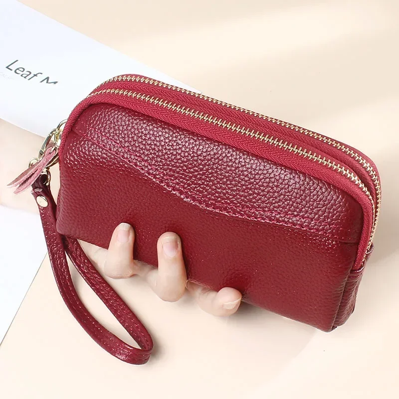 

Genuine Leather Women Wallets High Quality Female Double Zipper Clutch Purse Wristlet Money Purses Phone Bag with Wrist Strap