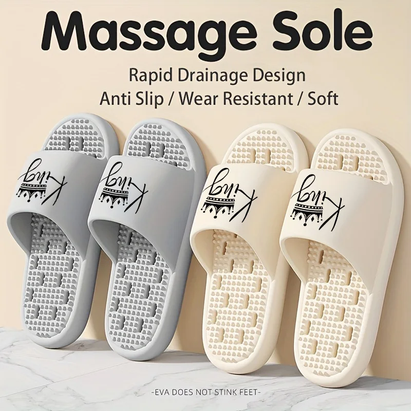 

Couple Style Spring and Summer Crown King Print Hollow-Out Quick-Dry Eva Soft Thick-Soled Foot Massage Indoor Bathroom Outdoor Slide Slippers for Men and Women