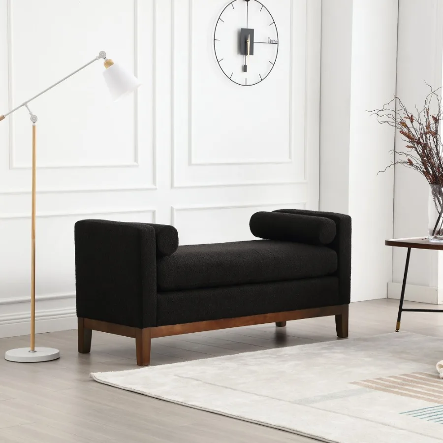 

53.5W Elegant Upholstered Bench man with Wood Legs Bolster Pillows for End of Bed Bedroom Living Room Entryway Black