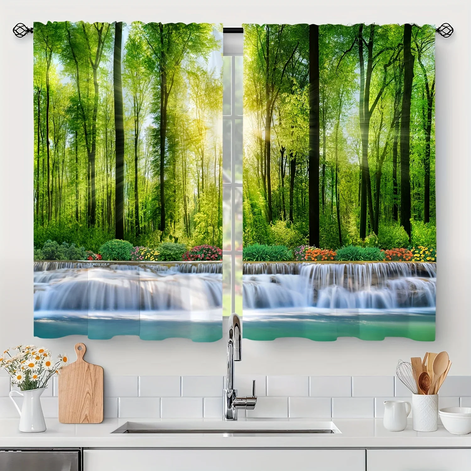 2pcs Natural Scenery Sunshine Forest Waterfall Home Room Bedroom Kitchen Curtain Suitable for Home Living Room Shade Cloth