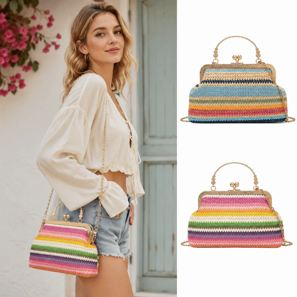 Rainbow Striped Straw Woven Handbag Chain Strap Metal Handle Women Shoulder Bag Large Capacity Kiss Lock Closure Crossbody Bag