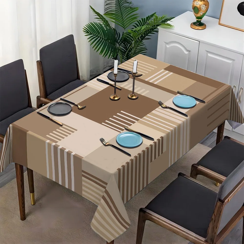 Single-sided printed brown and beige geometric striped tablecloth - durable rectangular kitchen table cover