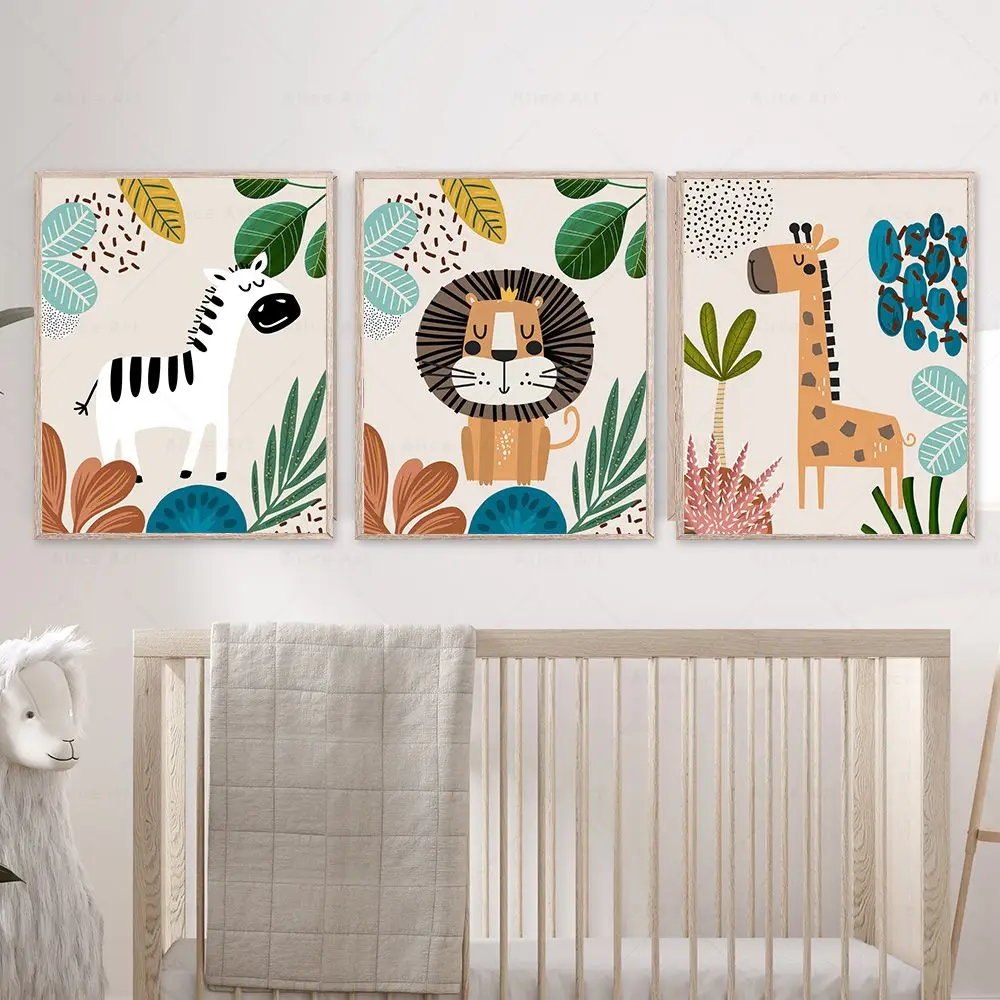 Boho Monkey Lion Giraffe Bird Zebra Elephant Botanical Nursery Posters Wall Art Print Canvas Painting Baby Kids Room Home Decor view 4