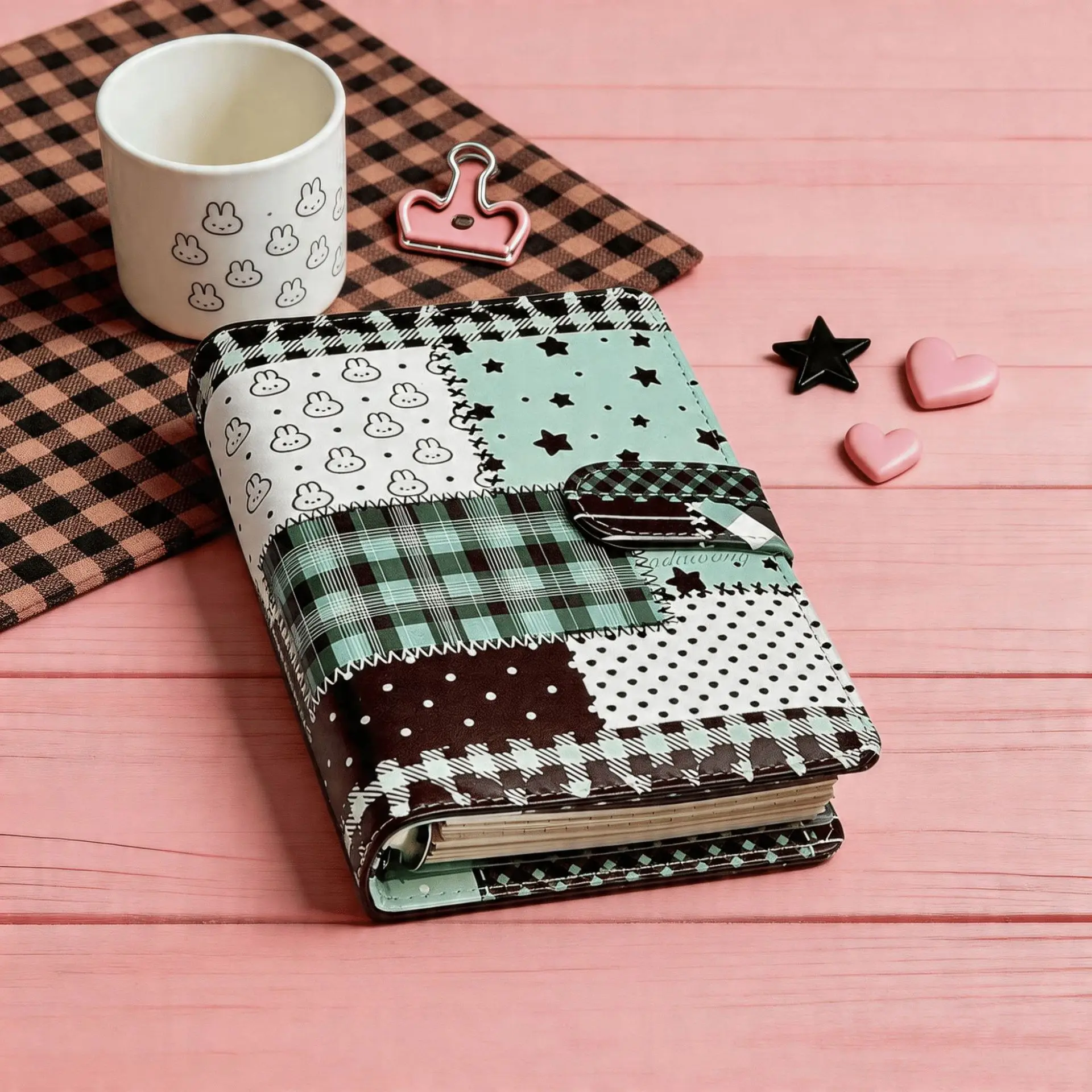 A6 Green Spliced Grid Notebook Loose Leaf Notebook PU Student Portable DIY Photocards Collect Book Diary Planner Stationery - view 4