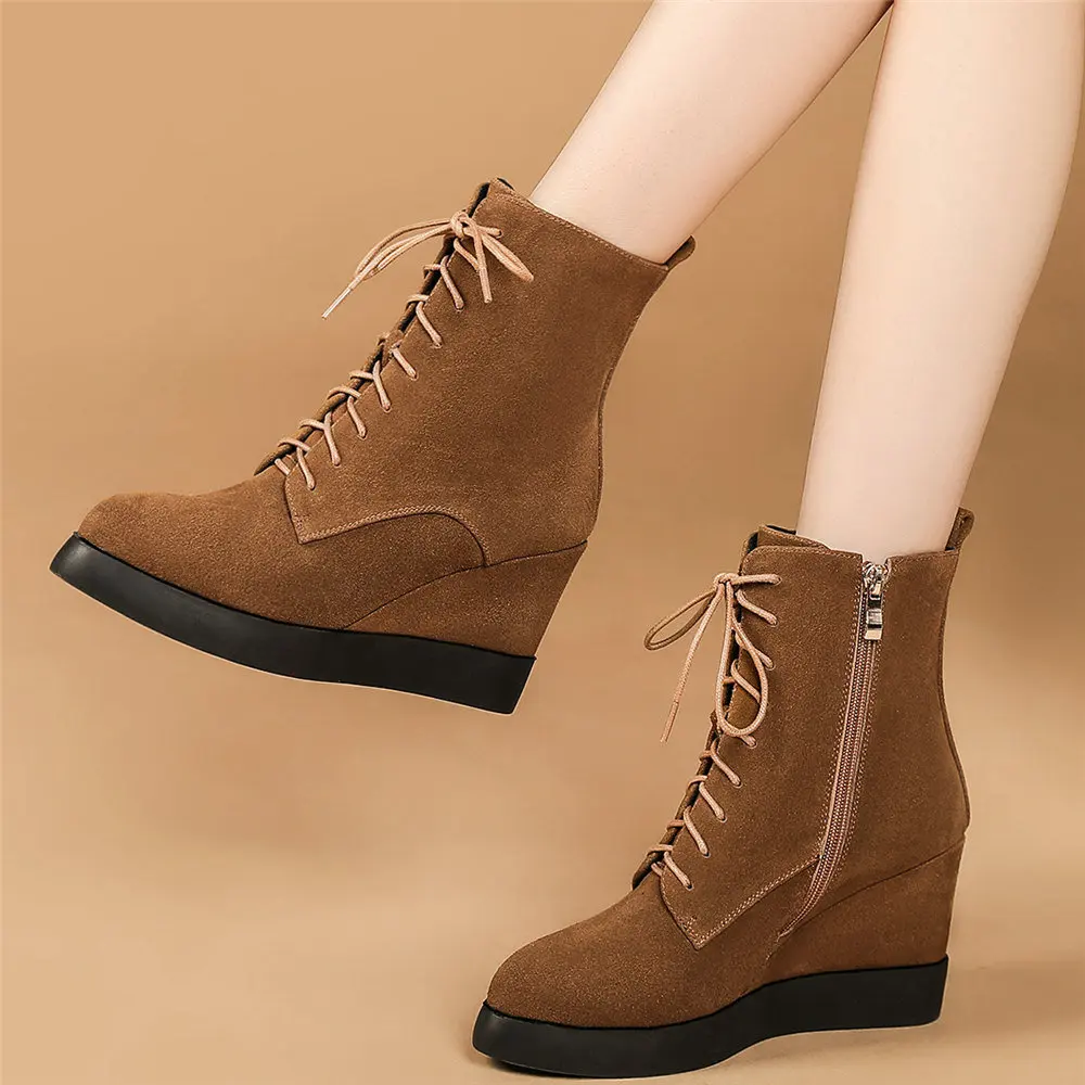 Women\'s Suede Leather Ankle Boots Lace Up Platform Wedge High Heel Western Chelsea Oxfords Casual Shoes