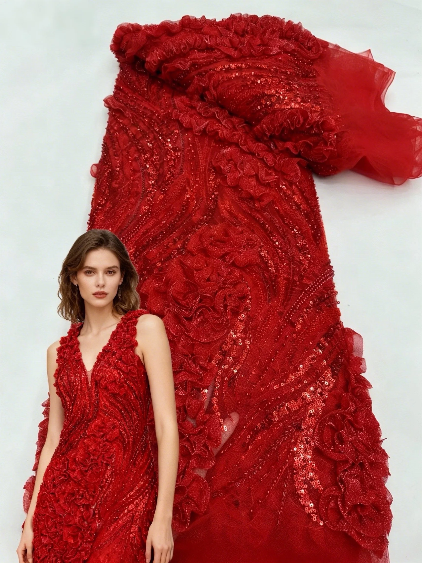 

Red African 3D Flower Lace Fabric 2026 High Quality Beads Sequins Lace Material French Nigeria For Women Christmas Party Wedding