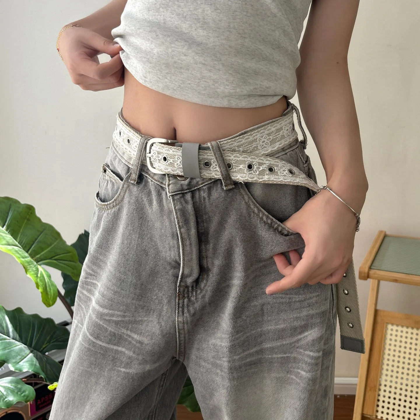 Women's Lace Waist Belt, Vintage Y2K Adjustable Woven Belt with Metal Buckle, Casual Belt for Jeans Dresses Daily Wear