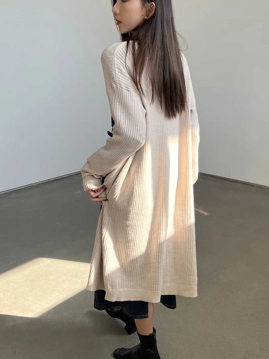 

JANE Warm Thi Knitted Long Open Cardigan Sweater Vintage Large Stripe Soft Drapey Wheat Color Gentle Sle Women's Coat