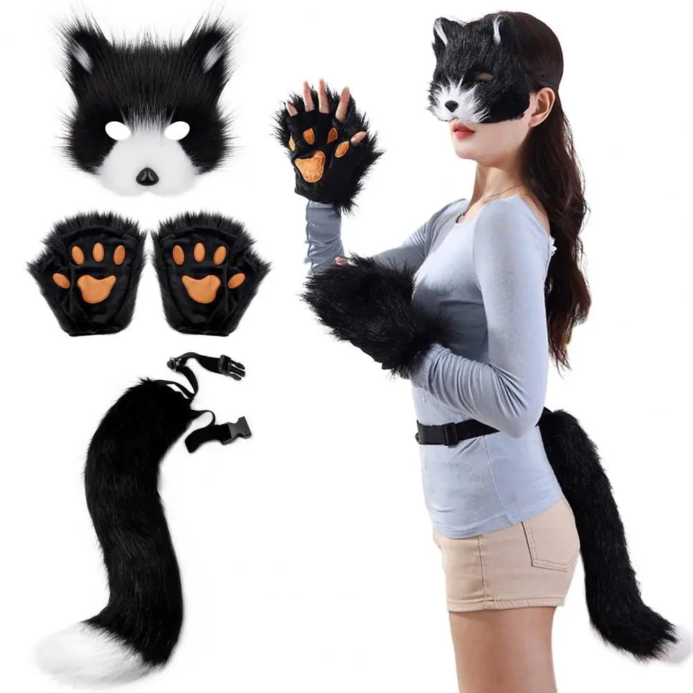 

Halloween Fluffy Fur Fox Ear Headpiece Tail Cat Claw Glove Headband Necklace Set Fox Anime Party Cosplay Costume Accessory ﻿