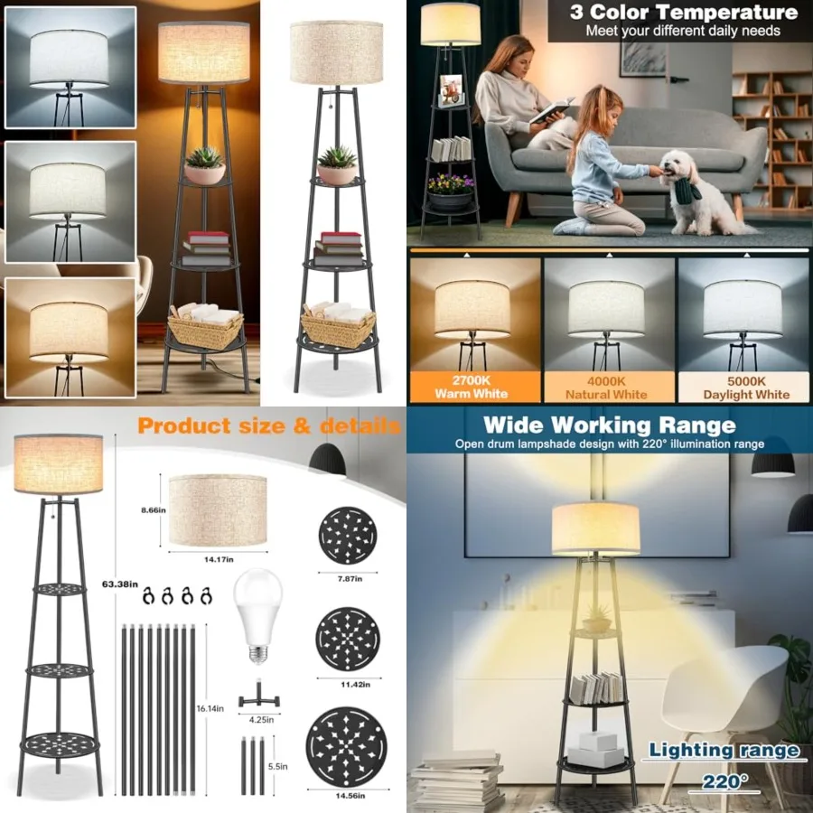 

Floor Lamp with Shelves, Modern Standing Lamp with 3 Color Temperature LED Bulbs, Corner Floor Lamps for Living Room and Bedroo