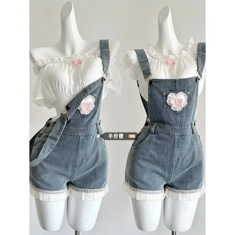 

Милые винтажные рваные джинсовые комбинезоны для женщин, лето 202, Y2k, повседневные джинсовые шорты без рукавов Kpop, комбинезон с карманами