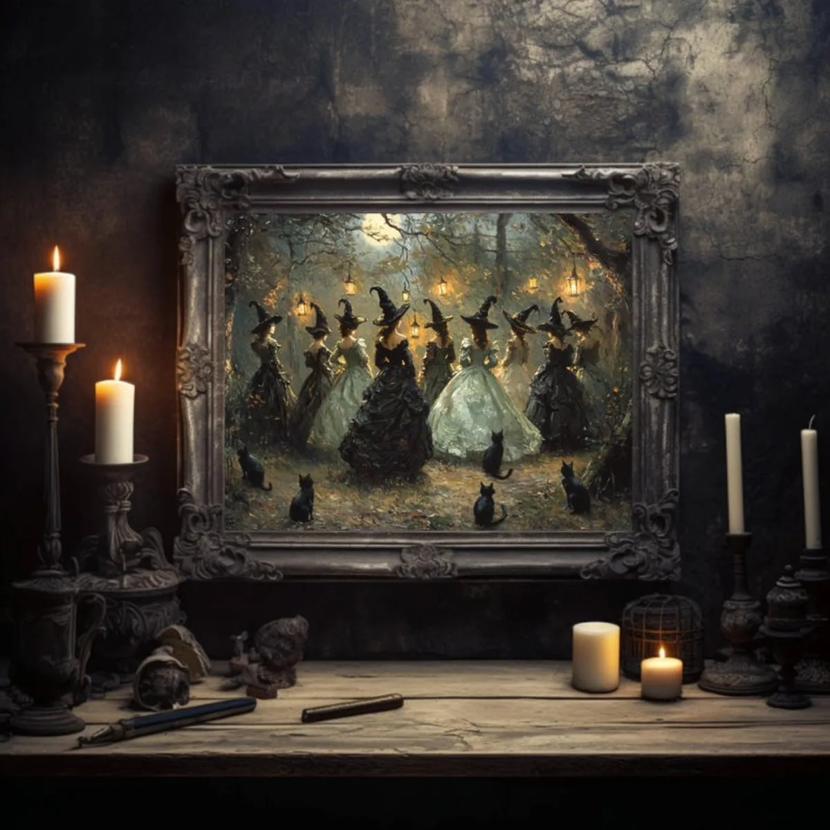 Póster impreso en lienzo de Midnight Gathering of Witches and Black Cats, impresiones artísticas vintage oscuras de Halloween, arte de pared, decoración del hogar, regalos