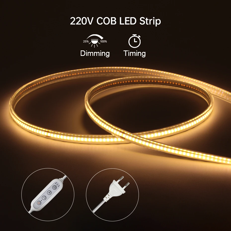 Striscia LED COB 220V con presa EU AU UK Timing Luci a nastro LED dimmerabili Illuminazione da giardino a nastro flessibile impermeabile per esterni