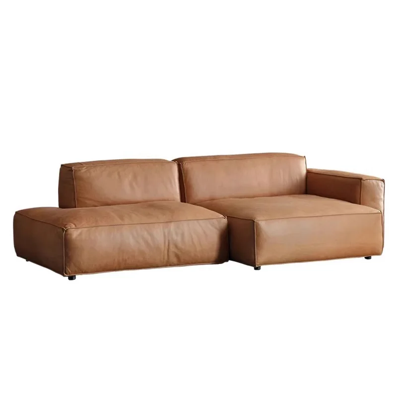 

Retro style leather sofa living room simple modern caramel color first layer cowhide Italian minimalist small apartment leather