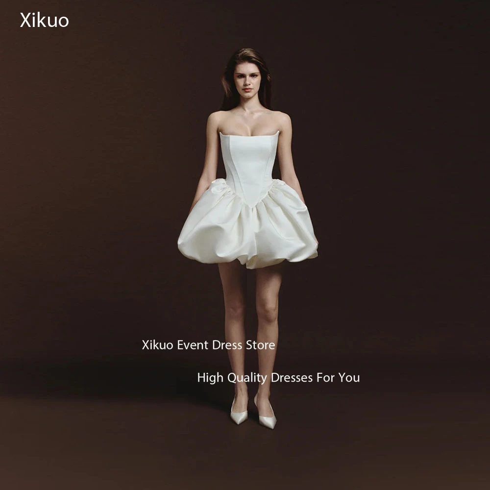 Xikuo A Line Strapless Wedding Dress Puff Stylish Civil Modern Bridal Gowns Satin Princess Mini Homecoming Dresses Customized