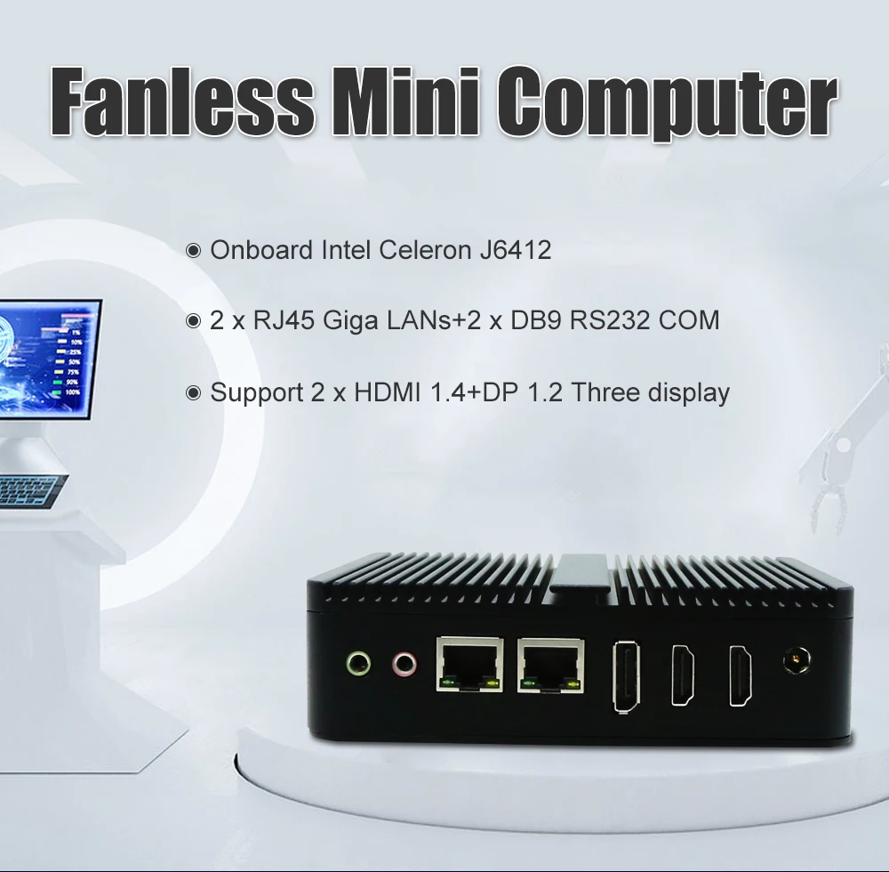 Celeron J6412 Industrial Fanless Mini PC 2xRS232 Linux Ubuntu Triple Display Business Office Mini PC computer Dual Lan Desktop