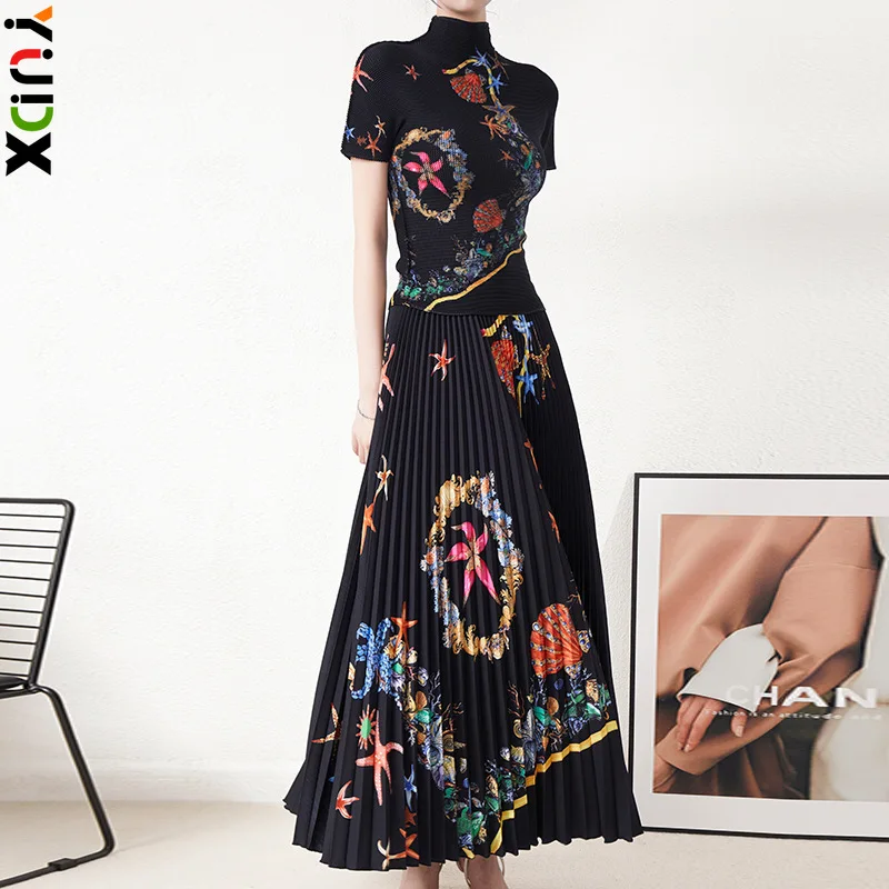 

YUDX Miyake High End Westernized Fashion Half Skirt Set with Three Curtilages Pleated Temperament Retro Style Print Commuting