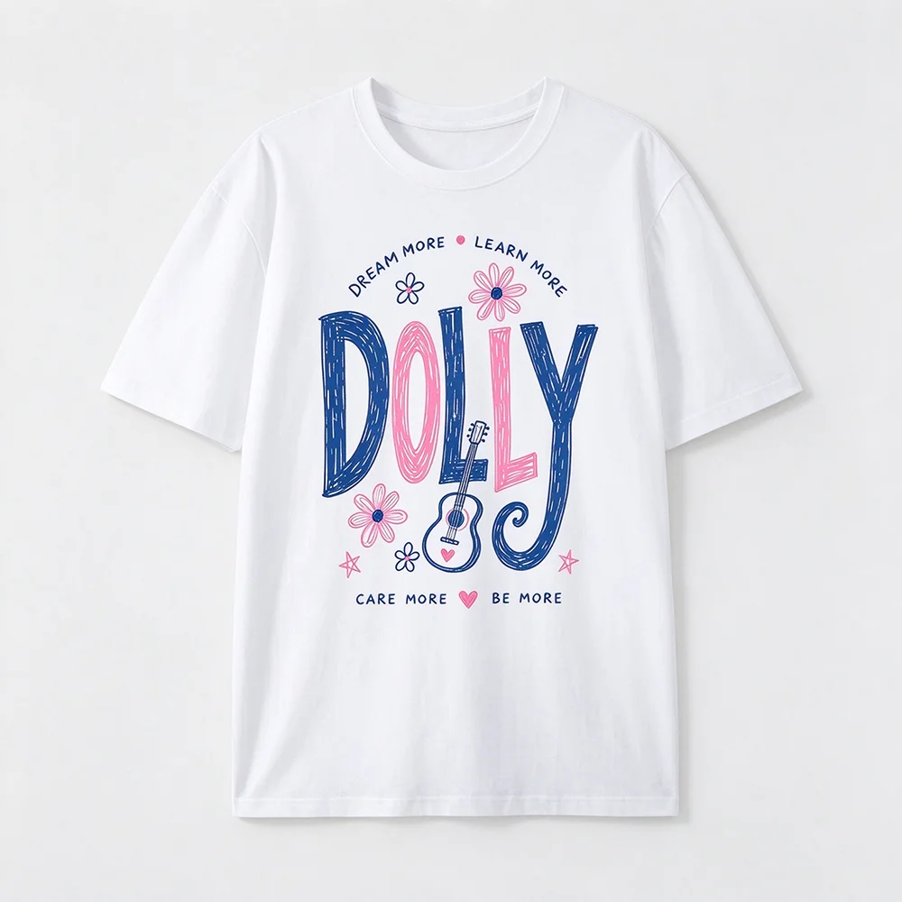 Dolly Dream Graphic T Shirt Unisex Hand Drawn Guitar Flower Print Oversized Short Sleeve Tee Country Music Casual Tops
