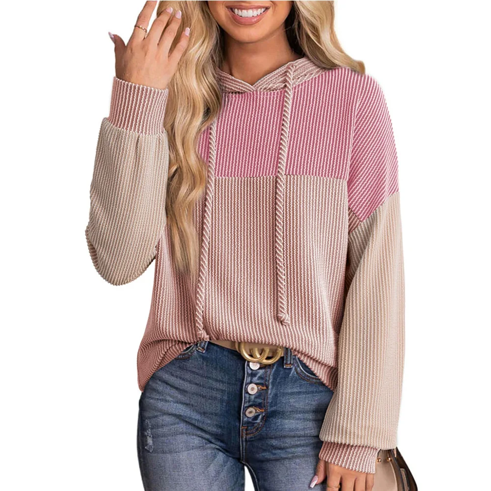 

2025 Autumn/Winter New Style Twisted Stripes Color Block Long-Sleeve Hoodie Loose Sweatshirt