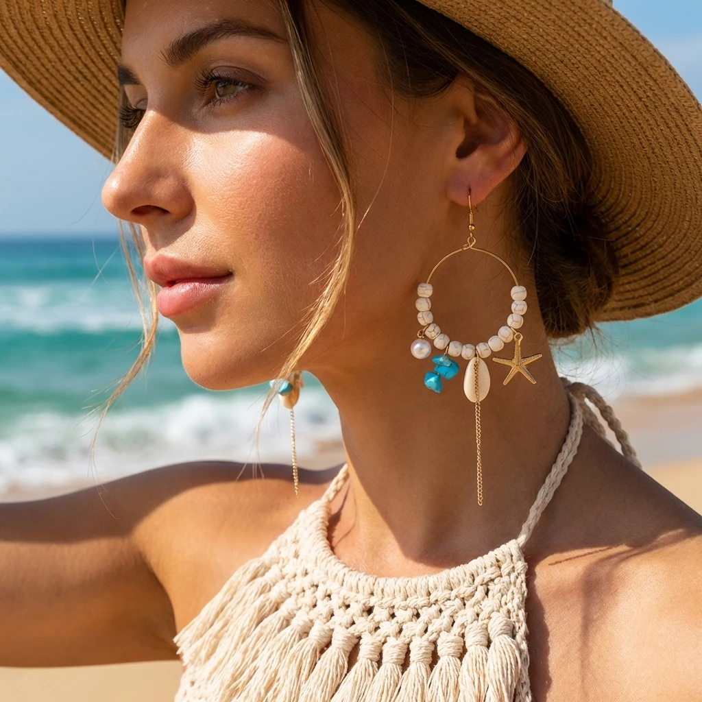 Mermaidcore Ocean Charm Hoop Earrings for Women Starfish Shell Imitation Pearl Turquoise Stone Dangle Summer Beach Jewelry
