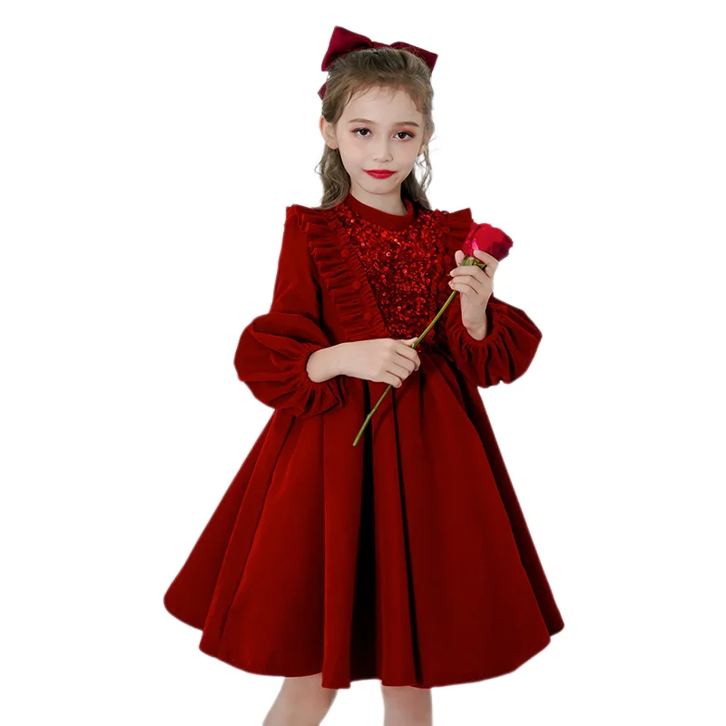 Girls Ceremony Dresses Spring Autumn Lace Long Sleeve Velvet for Children Christmas Birthday Party Elegant Princess Dress