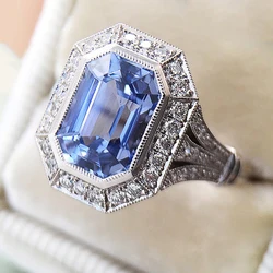 Huitan Temperament Elegant Blue CZ Rings for Lady Wedding Bands Luxury Rings Sparkling Anniversary Gift Statement Jewelry 2023