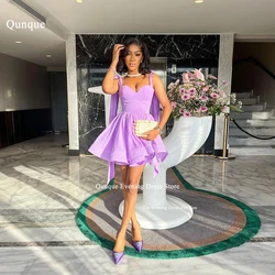 Qunque Sexy Short Homecoming Dress Sweetheart Sleeveless Satin Evening Dress Customized Lilac Spaghetti Straps Bow Evening Dress