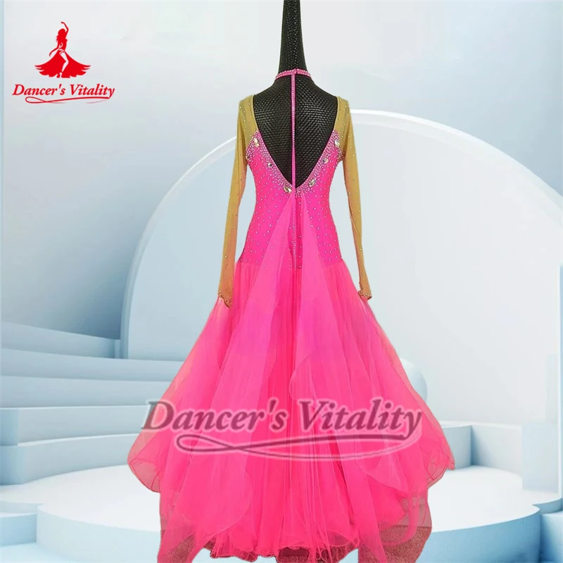 V자형 백 월츠 롱 슬리브 댄스 드레스 맞춤형 성인용 볼룸 메쉬 스플라이싱 대회 및 공연 의상 댄서의 활력