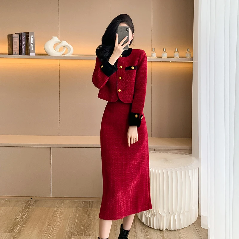 Luxury Korean Fashion Vintage Women Autumn Winter Tweed 2 Piece Set Short Coat Outwer+Casual Party Long Skirts Sets