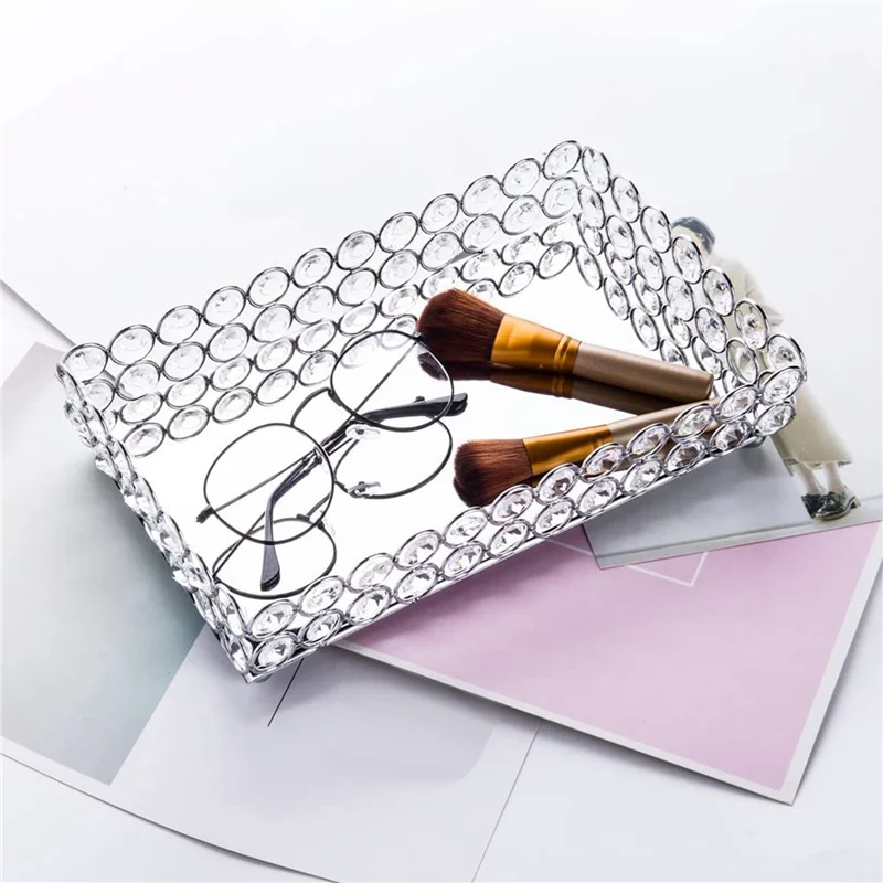 

AA49 2X Crystal Rectangle Cosmetic Tray Jewelry Trinket Organizer Mirror Decorative Tray Perfume Skin Care Organizer(Silver)