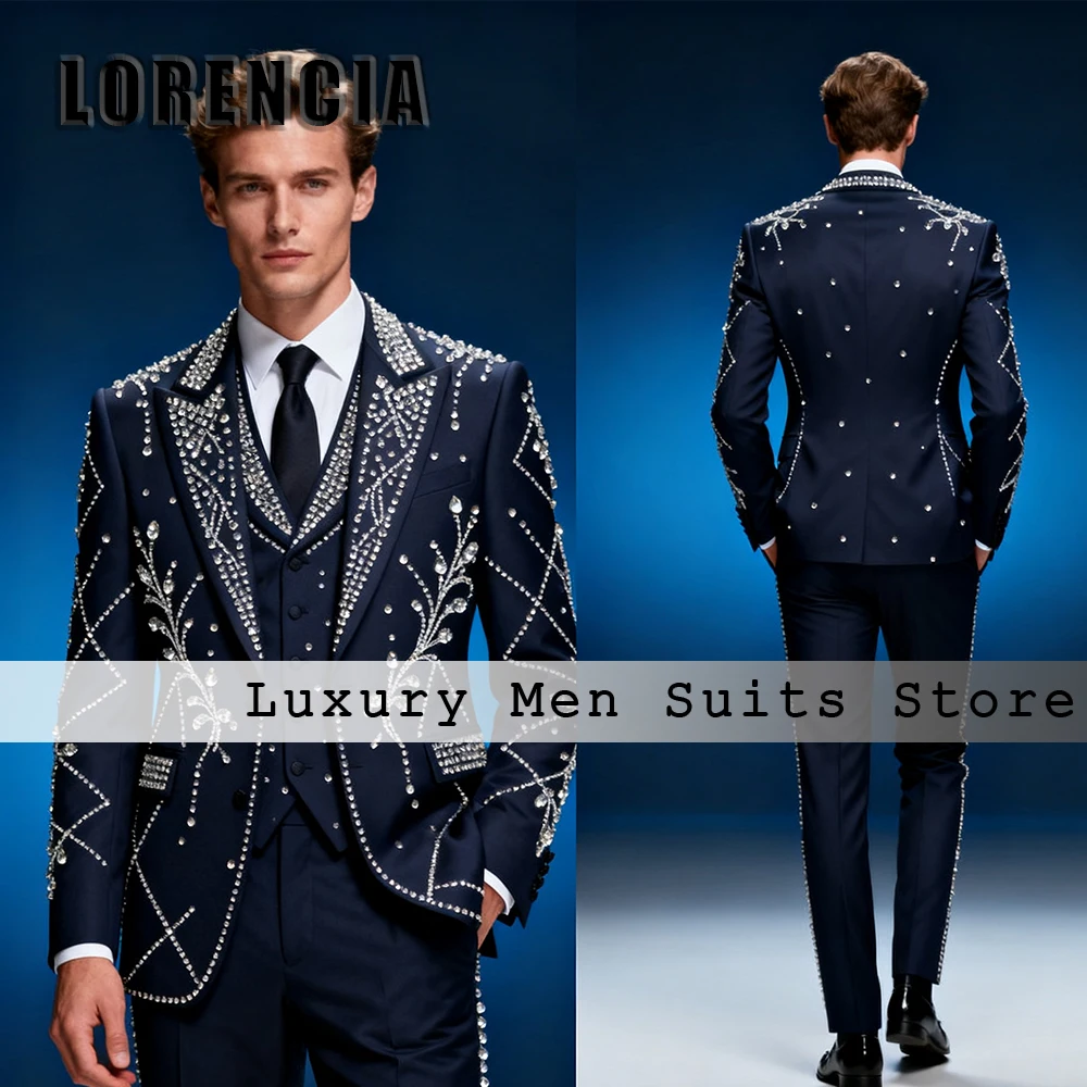 

Изысканные мужские костюмы с бриллиантами, комплект из 3 предметов, однобортные смокинги, свадебные наряды, пиджак, брюки по индивидуальному заказу, жилет roupas masculinas