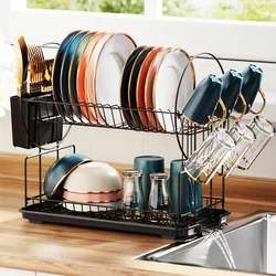 2 Tier Dish Drying Rack Drain Board Set Tableware Drainer Kitchen Countertop Storage Rack Space Saving Organizer for Countertop