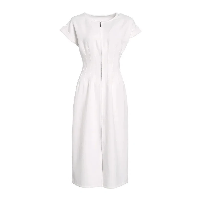 فستان المشاهير الأبيض سليم صالح ونحيف 2024 المرأة الجديدة قصيرة الأكمام الخصر ملفوفة تنورة الموضة غير رسمية فستان متوسط الطول