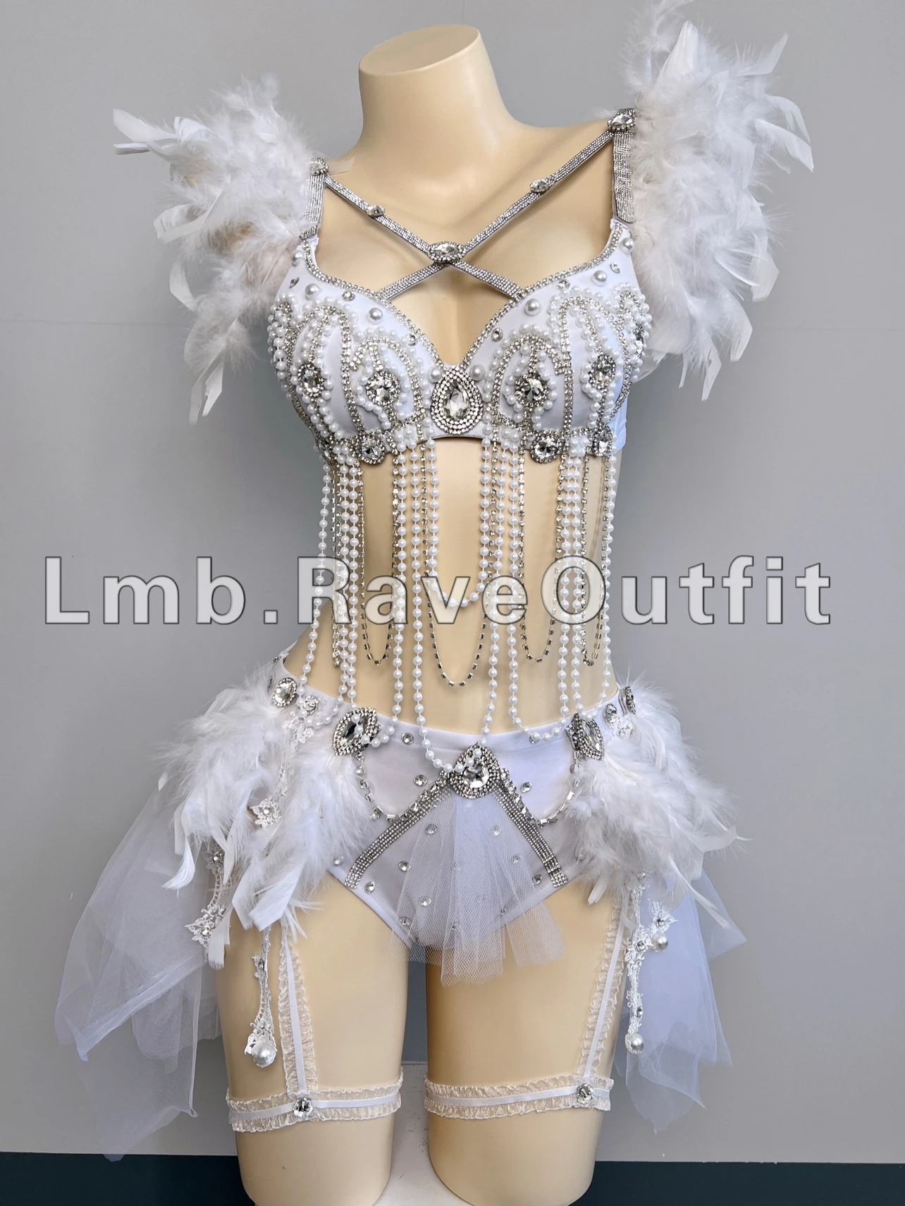 Women DJ Dancer Nightclub Sexy Pole Dance Costume White Feather Beading Bikini Rave Outfit Electric Music Festival Clothing