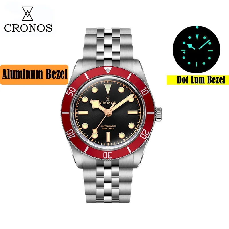 Cronos BB54 Vintage Luxury Men\'s Watches 37mm Diver SW200 Automatic Matt Aluminum Bezel Female End 5 Links Bracelet 200M L6024