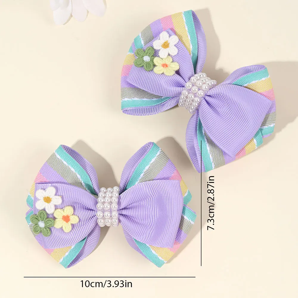 2Pcs Rainbow Ribbon Hairpin Romantic Floral Bow Hair Clip Fashion Pearl Barrettes Headwear Sweet Party Hair Accessories