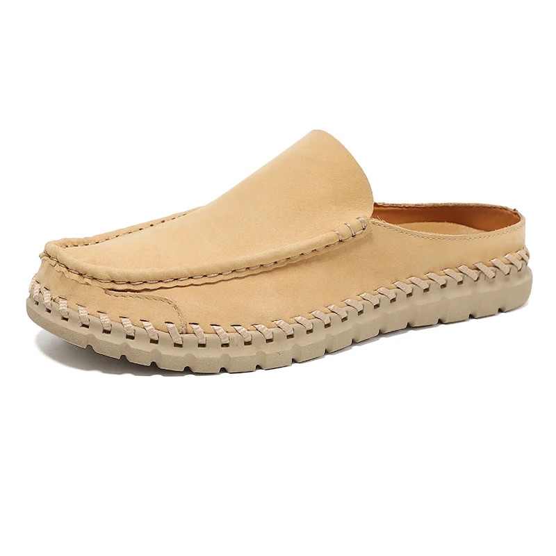 Men Slippers Genuine Leather Loafers Moccasins Outdoor Non-slip Black Casual Slides Summer Spring Fashion Shoes Plus Size 38