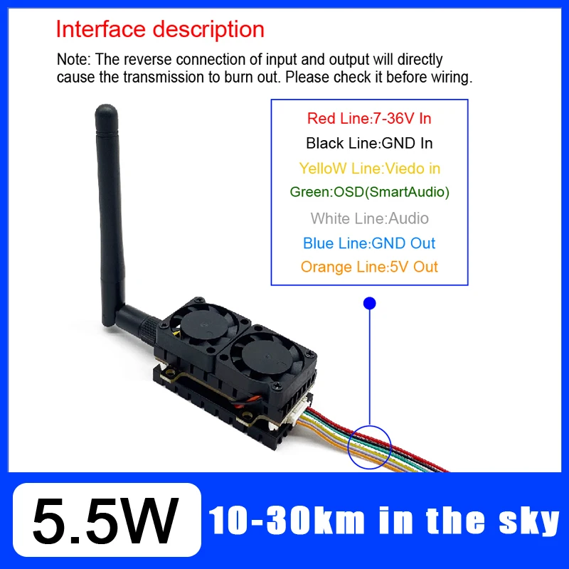 Long Range 5.8GHz 5.5W Video Transmitter VTX 48CH 200mW/500mW/1000mW/5500mW adjustable launcher For Long Rang FPV Racing Drone