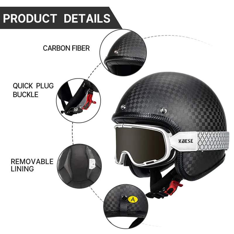 M-XXL Vintage Open Face Retro Carbon Fiber Pattern Casco Moto Motorcycle Helmet Biker Pilot DOT Approved with Fashion Googles