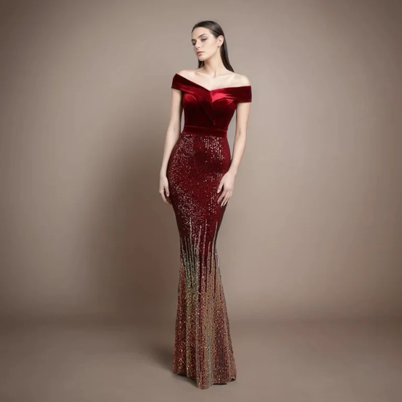 Sexy Vrouwen Off Schouder V-hals Fluwelen Hoge Taille Lovertjes Schede Bodycon Avondfeest Lange Zeemeermin jurk vestidp de festa