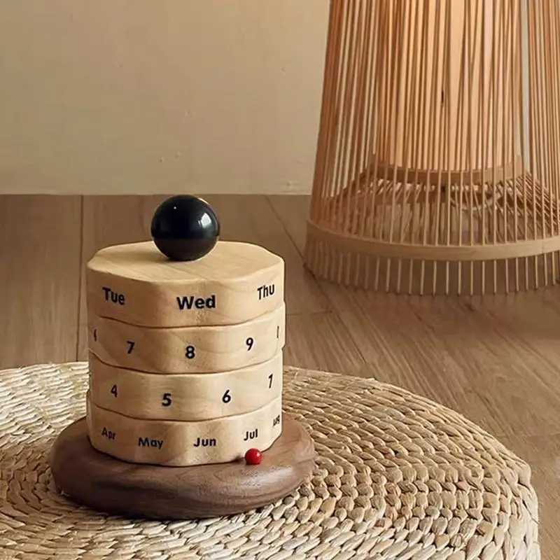 Wooden Rotating Calendar Wooden Rotary Calendar Countdown Desktop Wooden Perpetual Calendar Ornament for Office Desk Decor