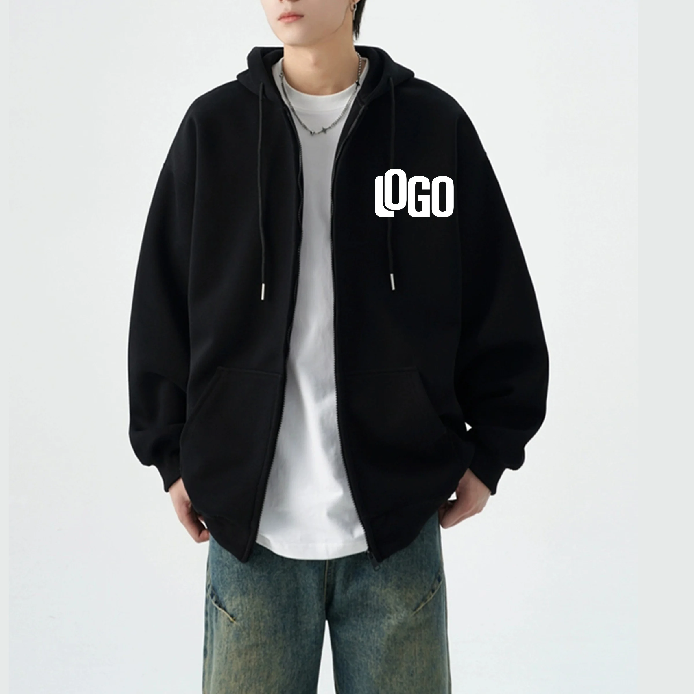 

Zipper hooded cardigan sweatshirt jacket, new fashion, anytime, anywhere design brand logo/custom image replication