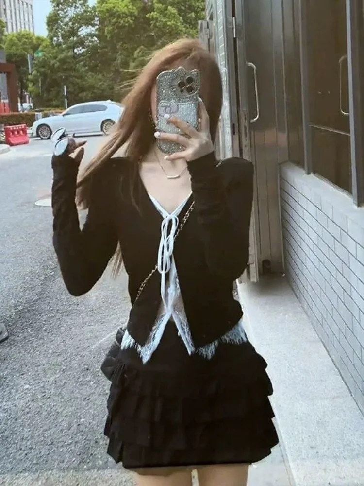 

Japanese Black White Fake Two Piece Knitted Cardigan 2025 Spring Autumn New Sweaters Mujer Y2k Sweet Slim Fit Tops Women