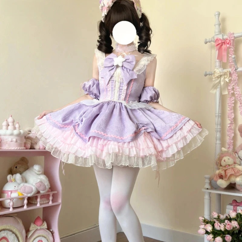 

Women Harajuku Kawaii Star Bowknot Lace Ruffles Party Dresses Cute Girls Y2k Slim Mini Dress Sweet Lolita Jsk Dress 2025 Spring