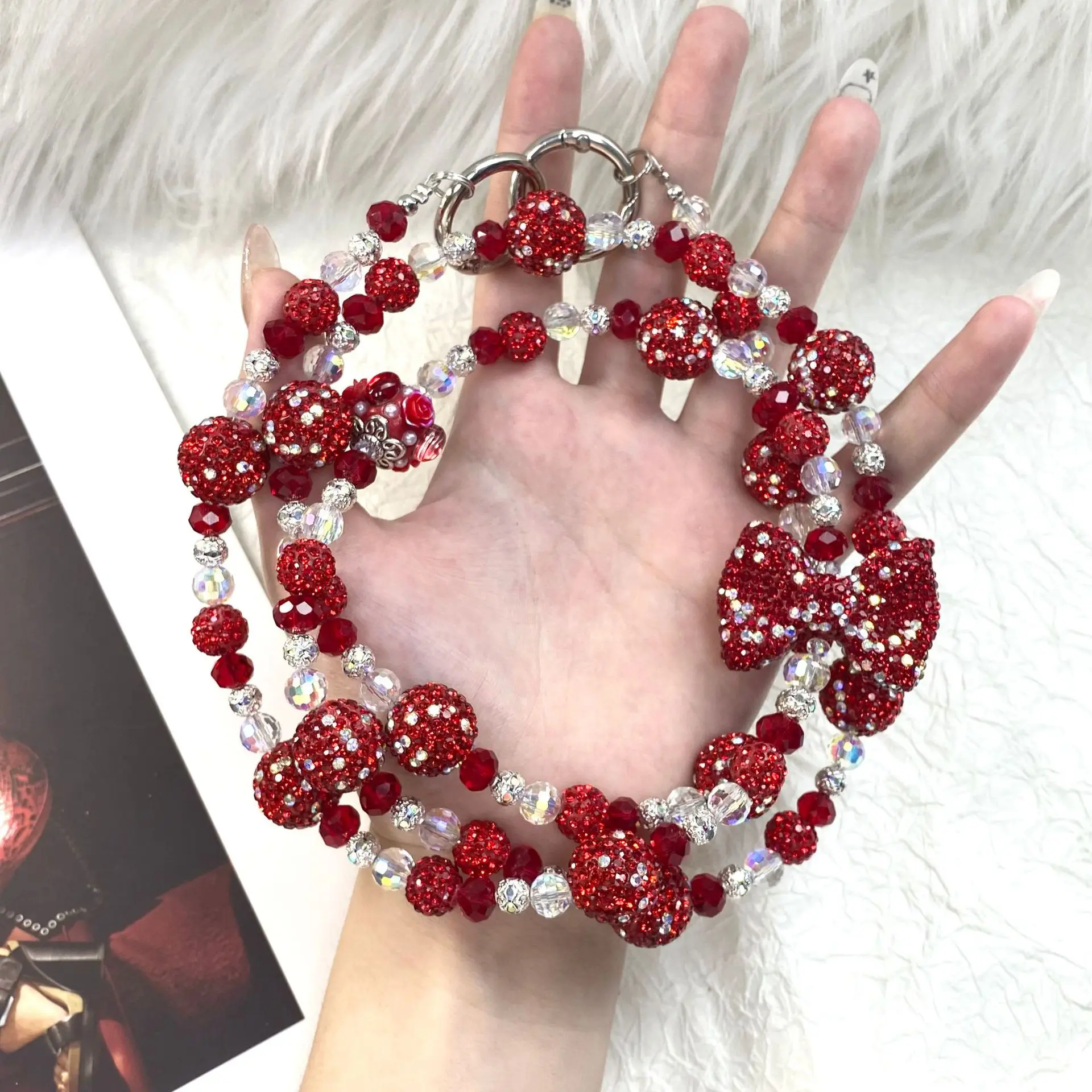 

Red Bowknot Beaded Crossbody Chain for Bag and Keychain, Ins Style Fashion Accessory Phone Charm