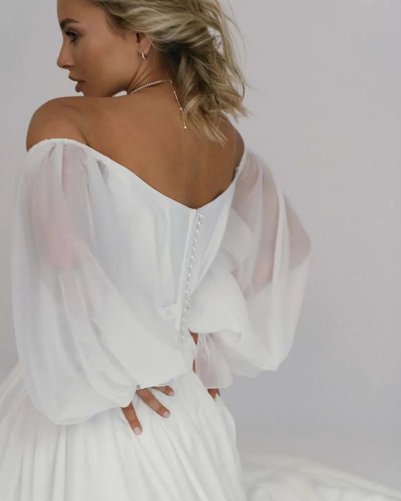 Simples vestido de casamento de cetim sólido puff manga zíper querida botão traseiro drapeado elegante vestidos de noiva de novia