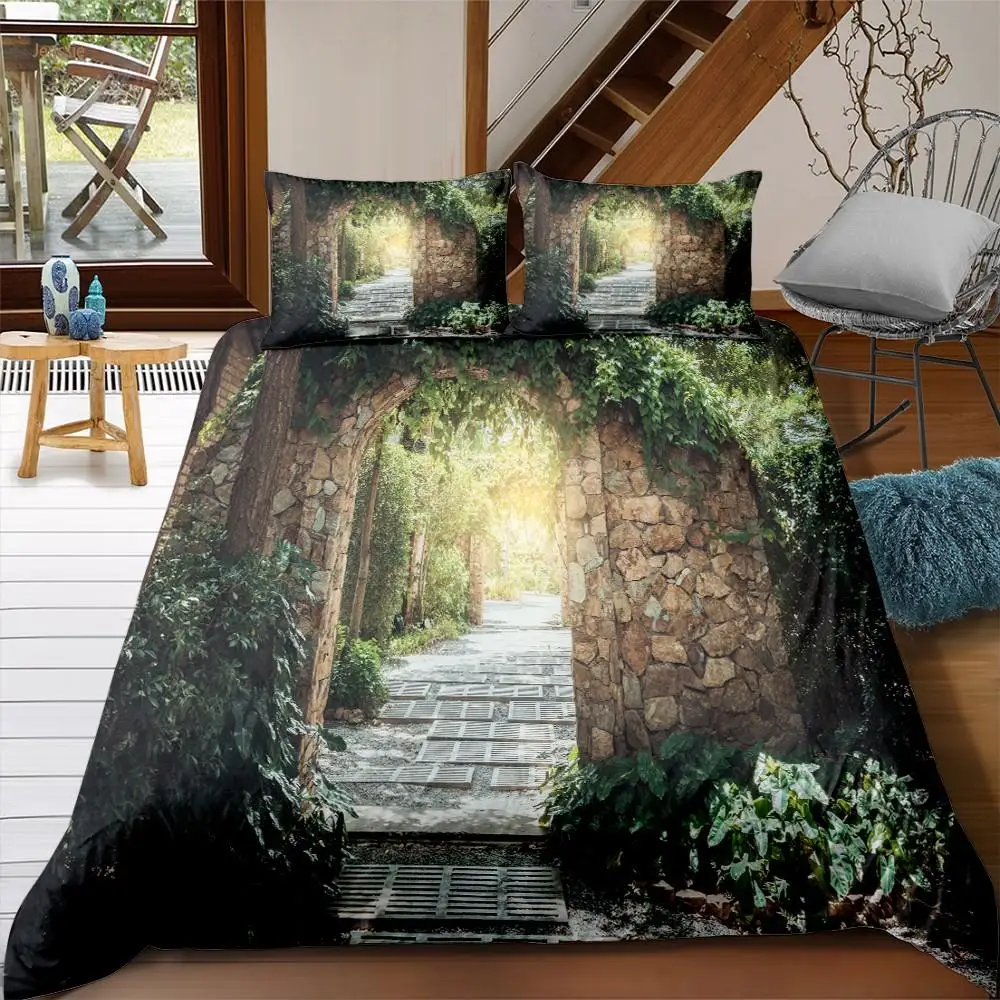 Landscape Duvet Cover Set Fake Window 3D Print Scenery Bedding Set Microfiber Landscape Waterfall Garden King Size Quilt Cover